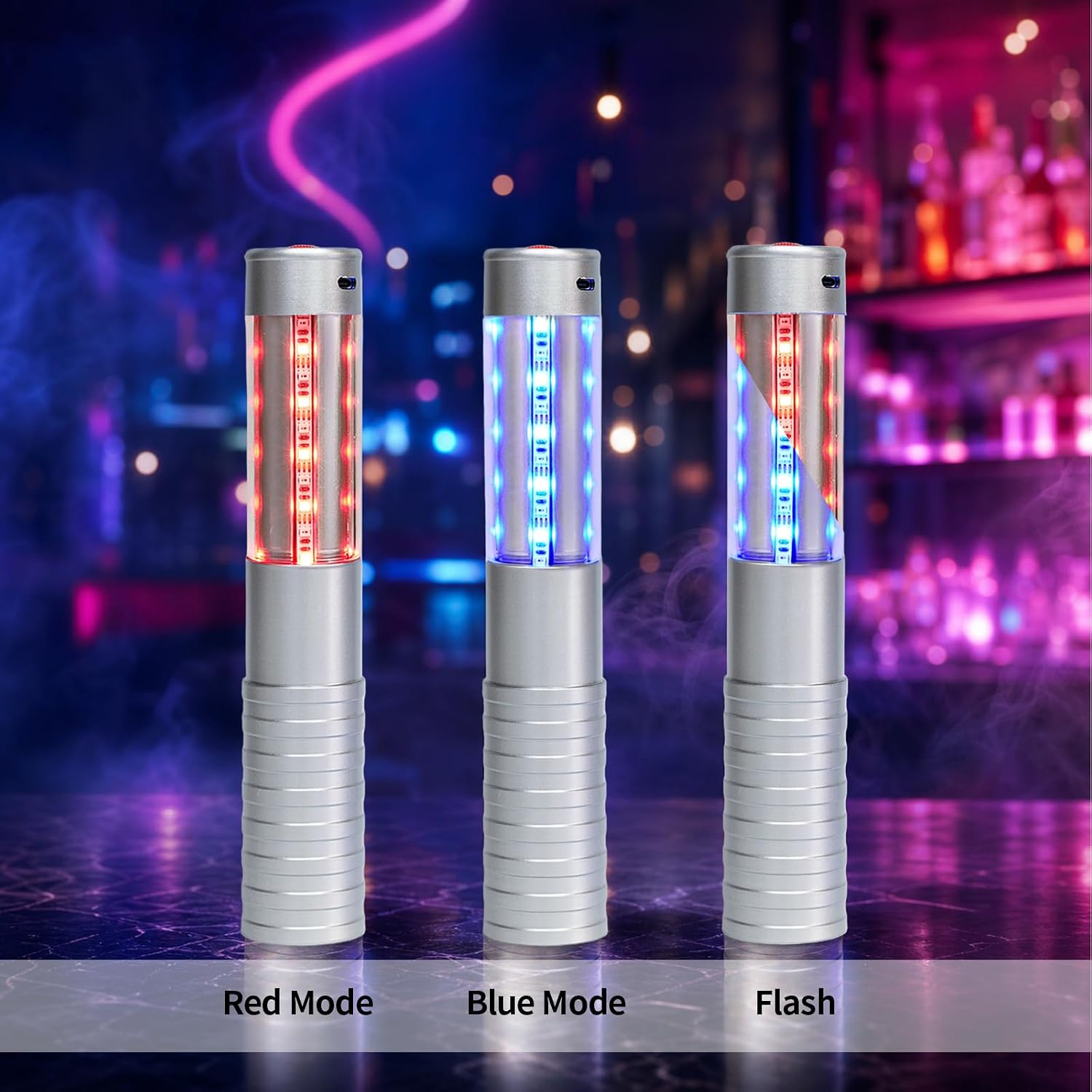 Strobe Bottle Girl Lights LED Bottle Service Lights Baton Reusable Rechargeable Service LED Champagne 2 Pcs for Bar Club Birthday Weddings Parties(Silver,Blue and Red Lights) image 4