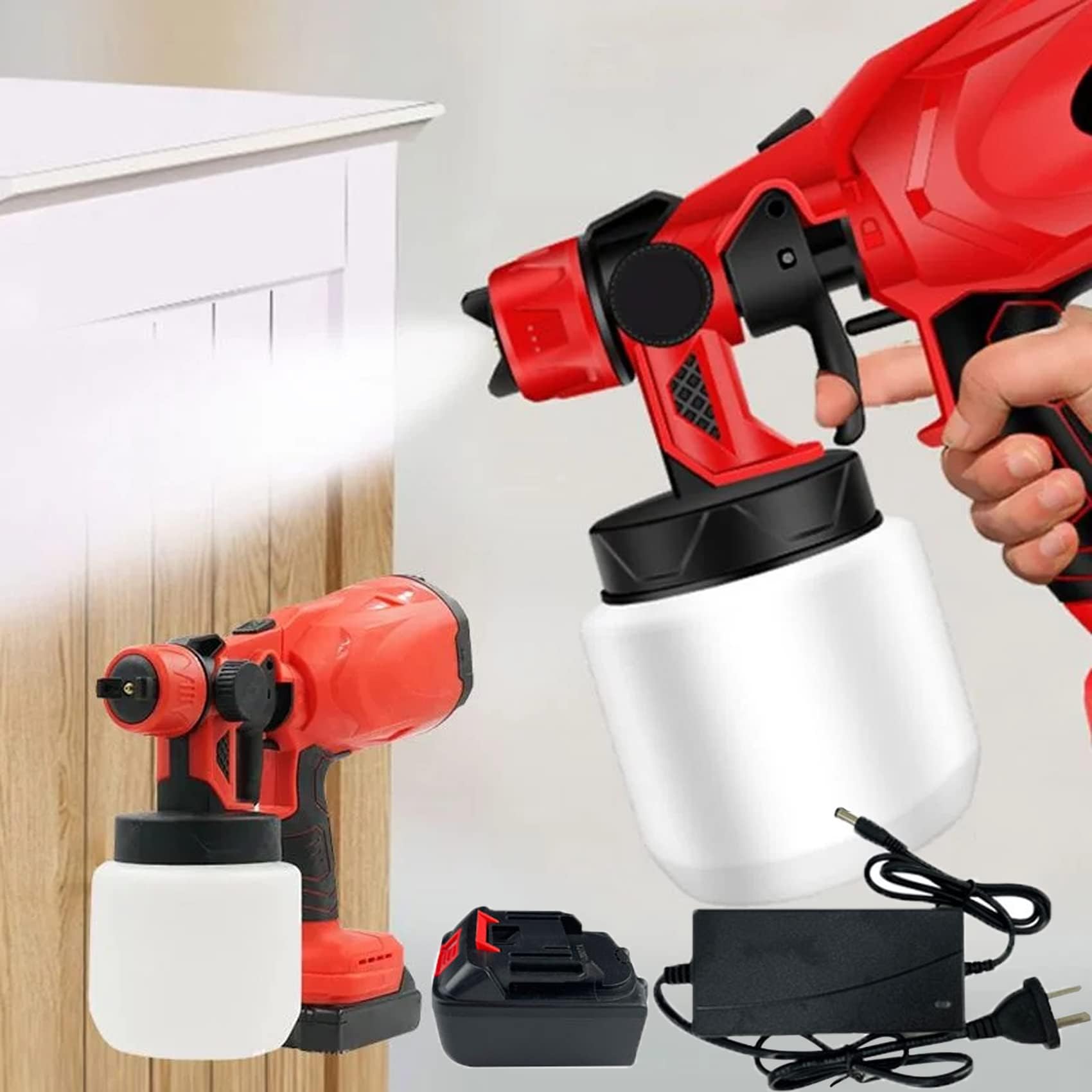 Pistola de pintura de alta presión, pulverizador inalámbrico HVLP de 850 W con 3 patrones de pulverización y boquilla de 1,8 mm, incluye cargador y batería para un fácil funcionamiento