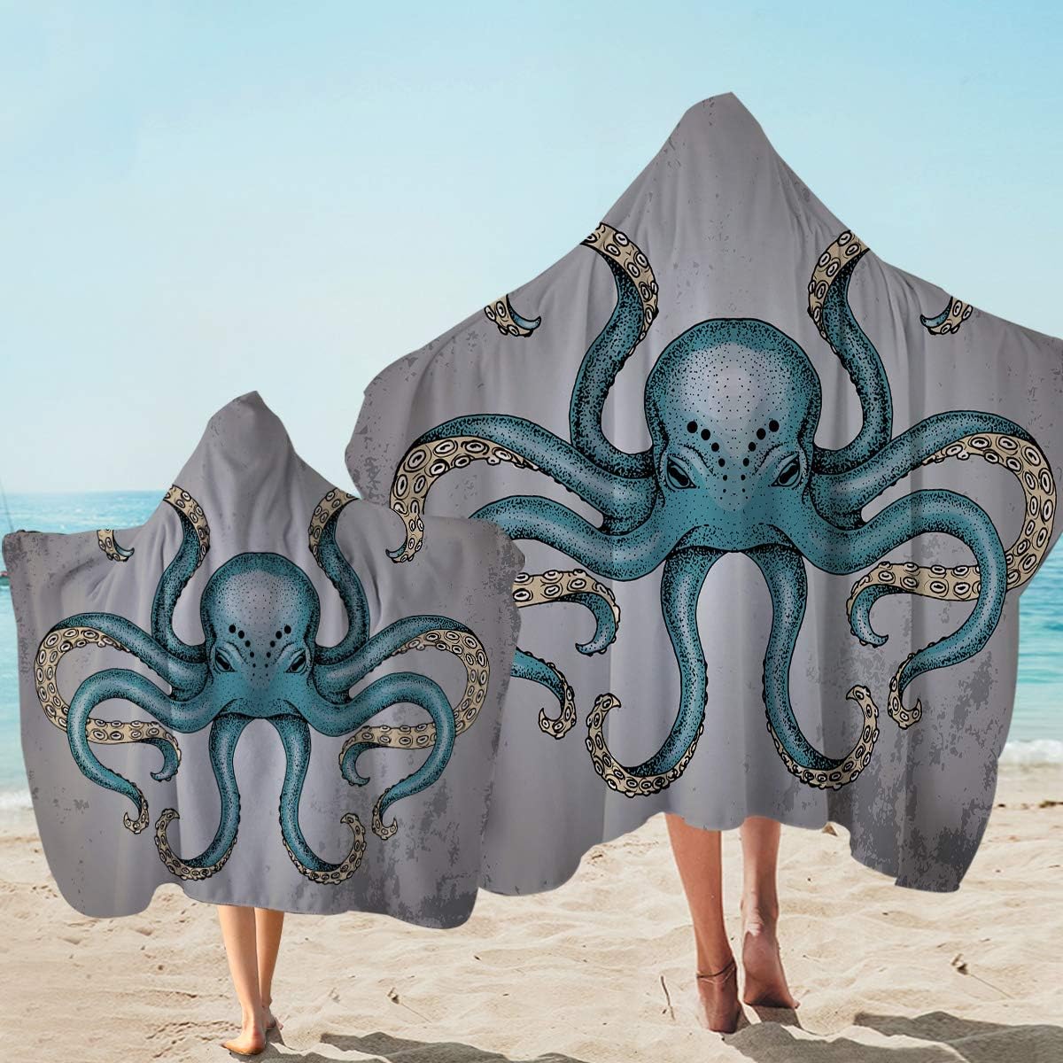 SleepwishFunny Cartoon Sea Animals Beach Towel Blue Octopus Beach Hoodie Towel Men Hooded Bath Towel Bathroom Wearable Towels (Adults, 1 Piece)