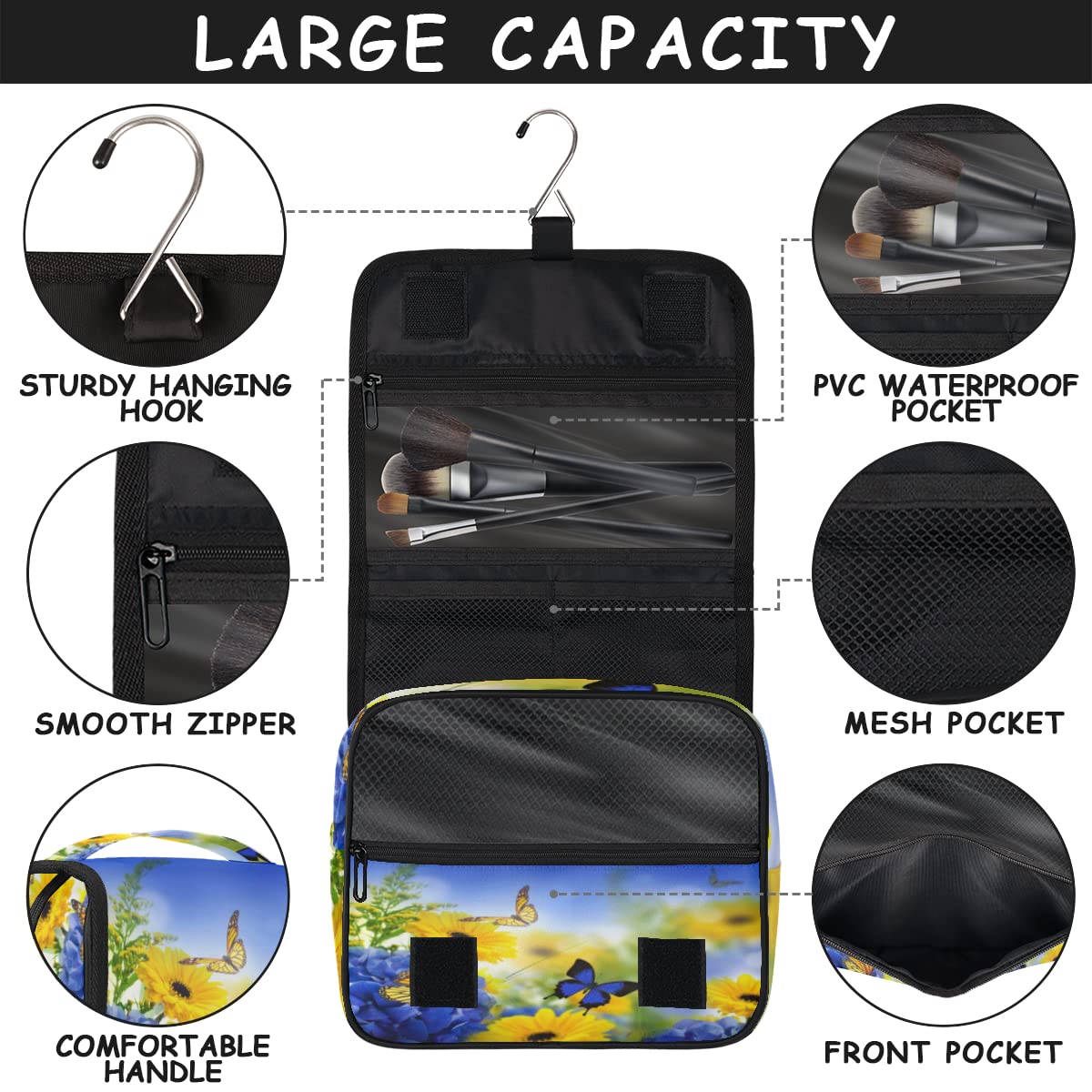 Kwiaty Motyle Podróżna Kosmetyczka Kwiaty Mycie Torba Unisex Wiszące przybory toaletowe Kosmetyczka Organizer do makijażu, wielobarwny, Jeden rozmiar