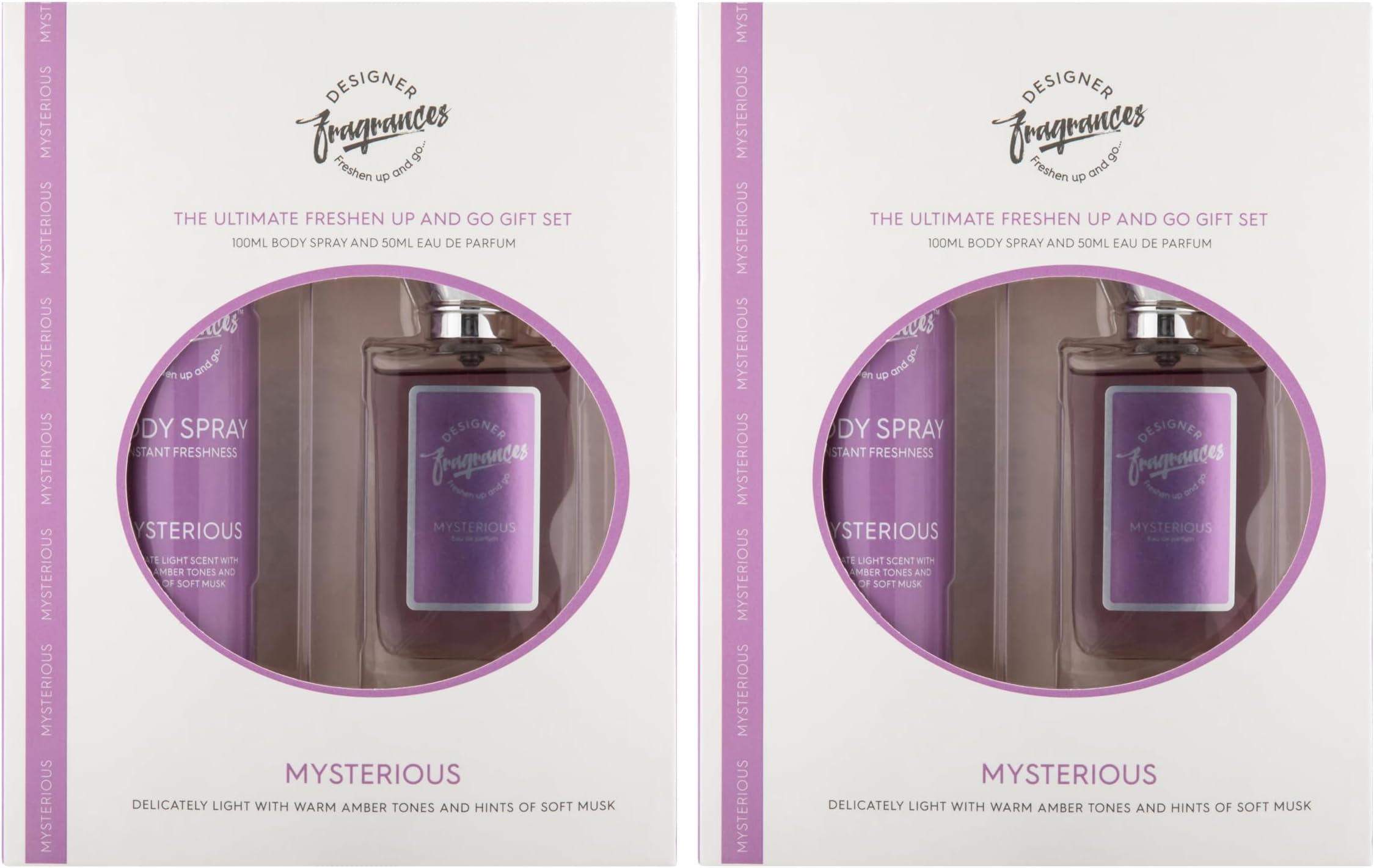 Designer Fragrances Mysterious Female Twin Gift Set - Includes 2 x 100ml Body Spray Deodorant Cans, 2 x 50ml Women’s Eau De Parfum Sprays - For Instant Freshness on The Go - Long Lasting Smells