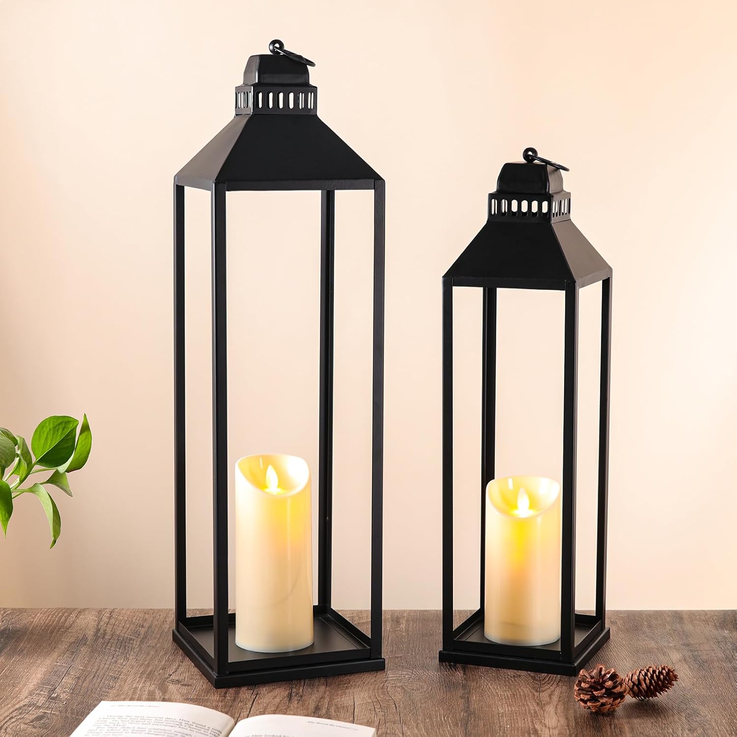 23" 19" Large Lanterns Decorative Outdoor Indoor, Set of 2 Modern Farmhouse Black Floor Lantern with Candles, Halloween, Christmas Lanterns for Fireplace, Mantle, Porch, Patio, Home Decor 23 and 19in