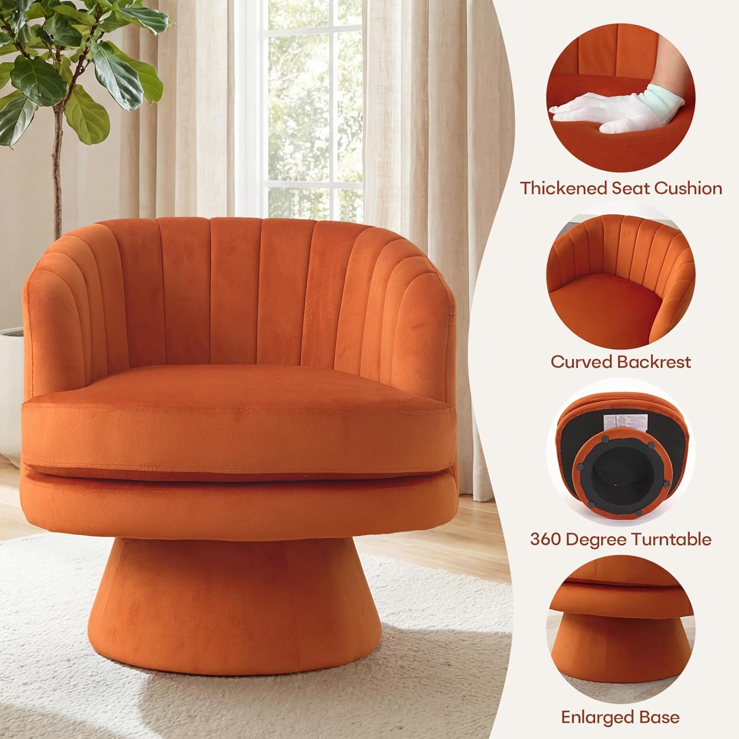 CANMOV Swivel Accent Chair with Armrest, Modern 360 Degree Swivel Barrel Chair with Curve Back and Soft Cushion, Comfy Velvet Round Armchair Single Sofa for Living Room, Bedroom, Orange