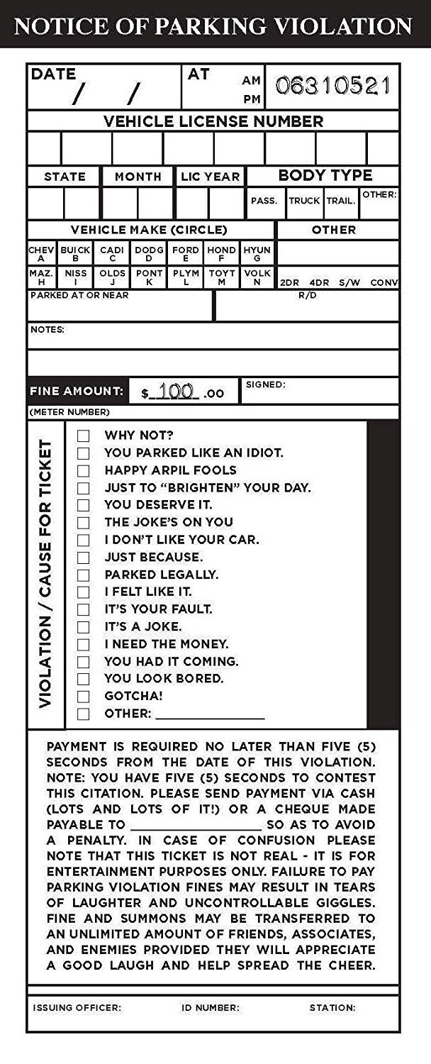 Amazon.com: MP Printing Fake Parking Tickets for Pranks with Multiple Sections to Fill in.. (100 Pieces) Funny Rude Phony Fake Police Parking Tickets Joke Gag Prank amazon-com-mp-printing-fake-parking-tickets-for-pranks-with-multiple-sections-to-fill-in-100-pieces-funny-rude-phony-fake-police-parking-tickets-joke-gag-prank