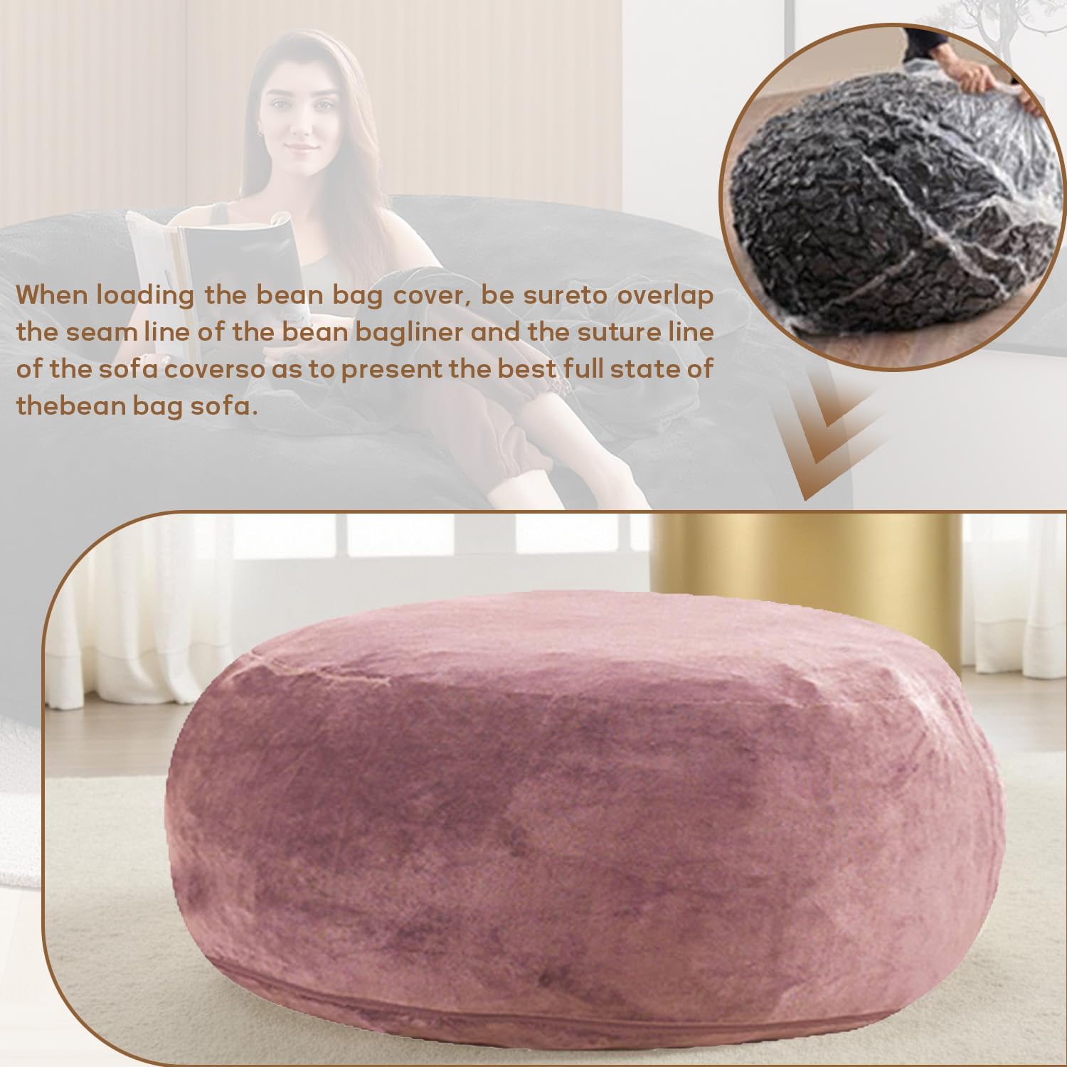Bean Bag Chair for Adults，with Filler IncludedMemory Foam Added - Machine Washable and Soft Suits Any Room,Movie Nights,Reading(Pink,6FT)