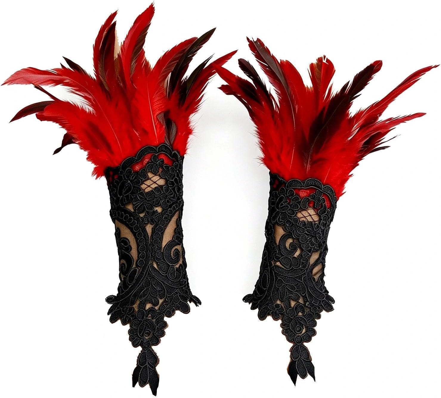 2 PCS Gothic Lace Feather Long Gloves for Women Mesh Elbow Cuff Halloween Masquerade Costume Accessories