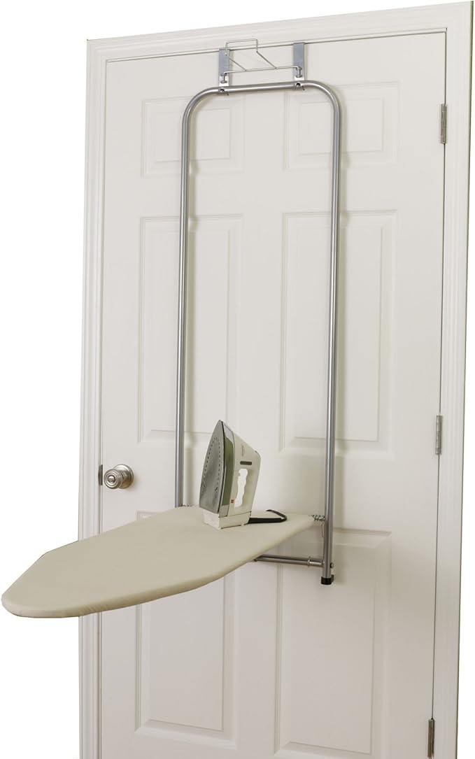 Household Essentials 144222 Over The Door Small Ironing Board with Iron Holder, Natural Cotton Cover Silver