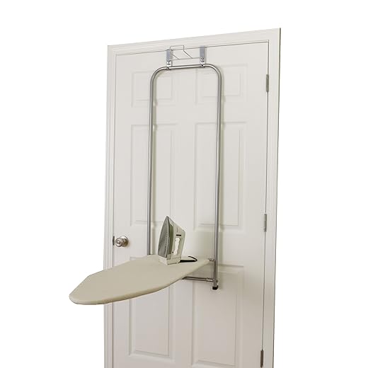 Household Essentials 144222 Over The Door Small Ironing Board with Iron Holder, Natural Cotton Cover Silver