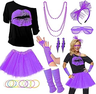 Upgraded 80s Outfit Costume for Women,80s Party Costume Accessory Sets with T-Shirt Tutu Skirt Waist Pack etc