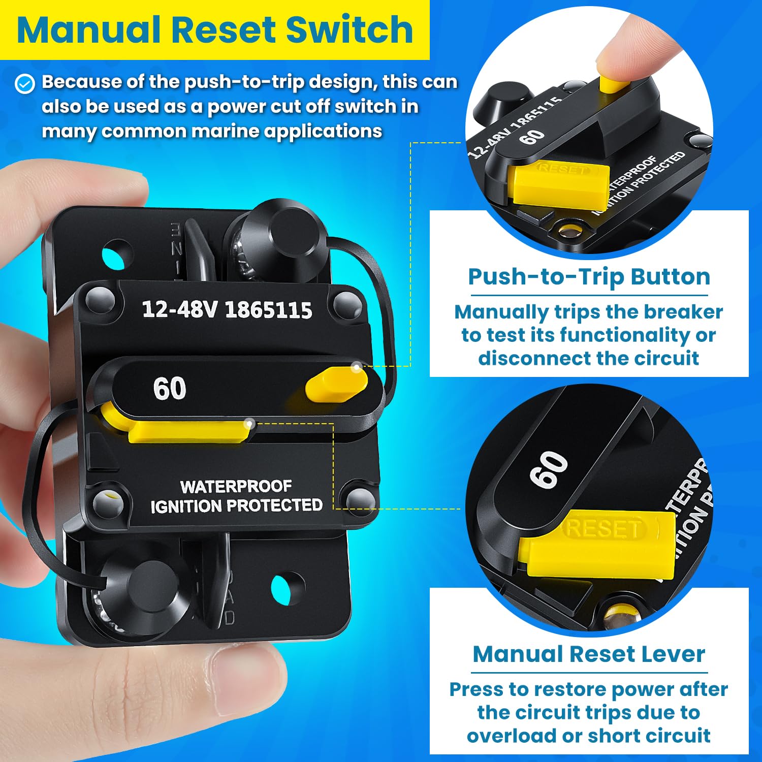 1865115 MKR-27 Circuit Breaker 60 Amp for Minn Kota Freshwater and Saltwater Trolling Motors Marine Boat Battery Accessory RV Truck Car 12V/24V/36V/48V DC Systems Waterproof Heavy Duty