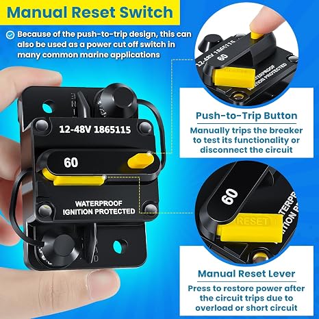 1865115 MKR-27 Circuit Breaker 60 Amp for Minn Kota Freshwater and Saltwater Trolling Motors Marine Boat Battery Accessory RV Truck Car 12V/24V/36V/48V DC Systems Waterproof Heavy Duty