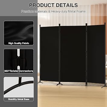 Room Divider 3-Panel Privacy Screen, Portable Screen Steel Frame with Hook&Loop for Home, Office, Classroom, Studio, Meeting (Black