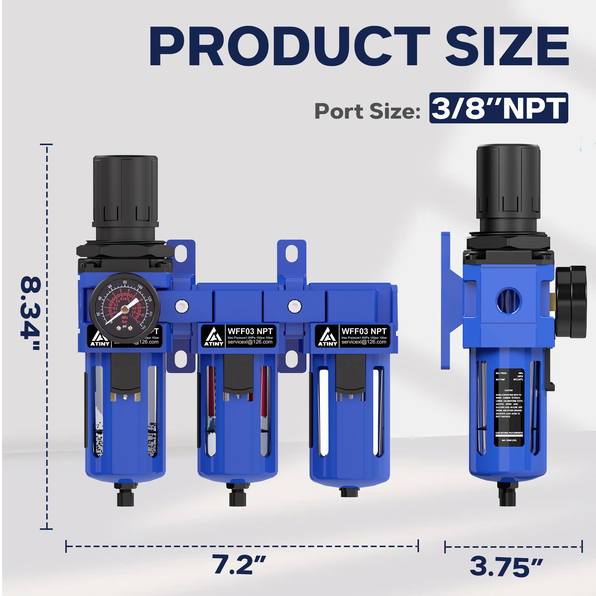 Système de séchage d'air NPT à trois étapes de 3/8 pouces, régulateur de pression d'air avec cartouche filtrante de 5 et 0,01 microns, séchoir déshydratant et régulateur d'air, bol de drainage en