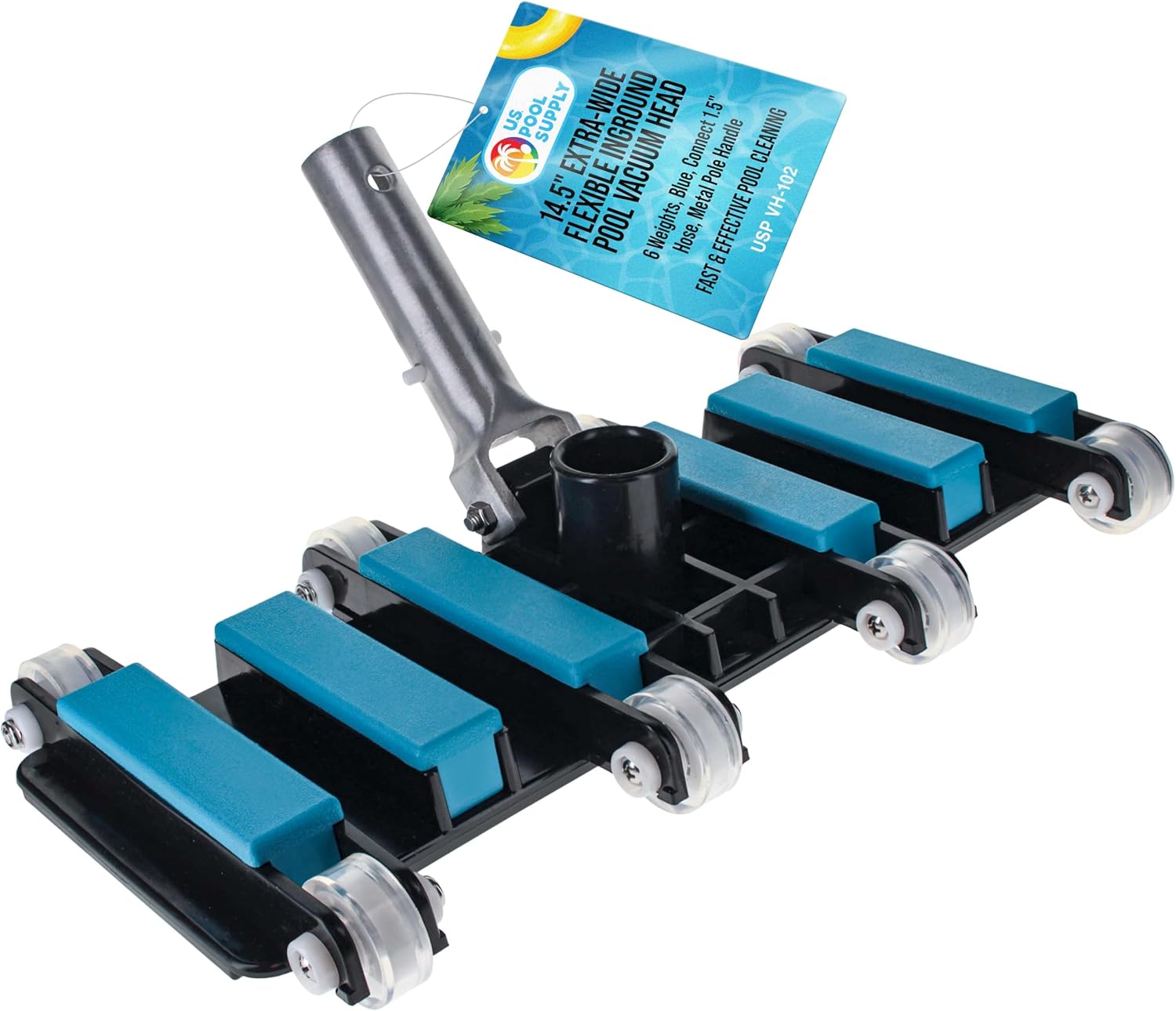 U.S. Pool Supply Manual Pool Vacuum Head for Inground Pools, Flexible, Extra-Wide, Weighted - 6 Weights, Blue, Connect 1.5" Hose, Metal Pole Handle - Swimming Cleaning Accessory Attachment, Vac