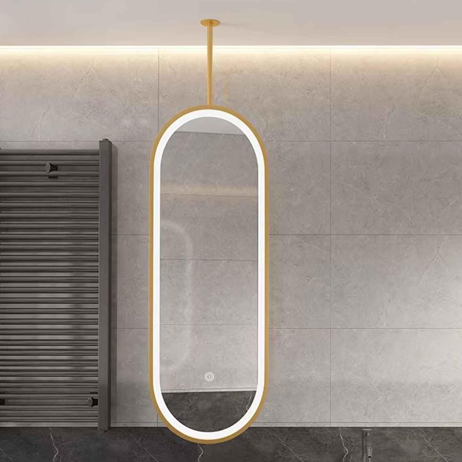 FGXHHS Gold Metal Pole Ceiling Suspended Mirror, Mounted LED with Touch Button Oval Vanity Mirrors(40cmx70cm)