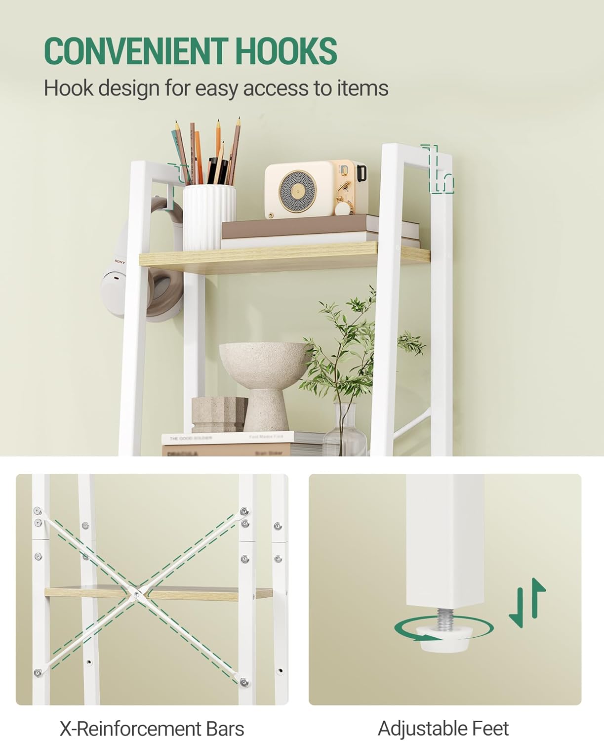 Ladder Shelf, Bookshelf Bookcase, Freestanding Corner Storage Shelve with 2 Hooks for Home Office, Living Room, Kitchen, Bedroom, Industrial, 11.8" D x 17.3" W x 63" H, White Oak and White