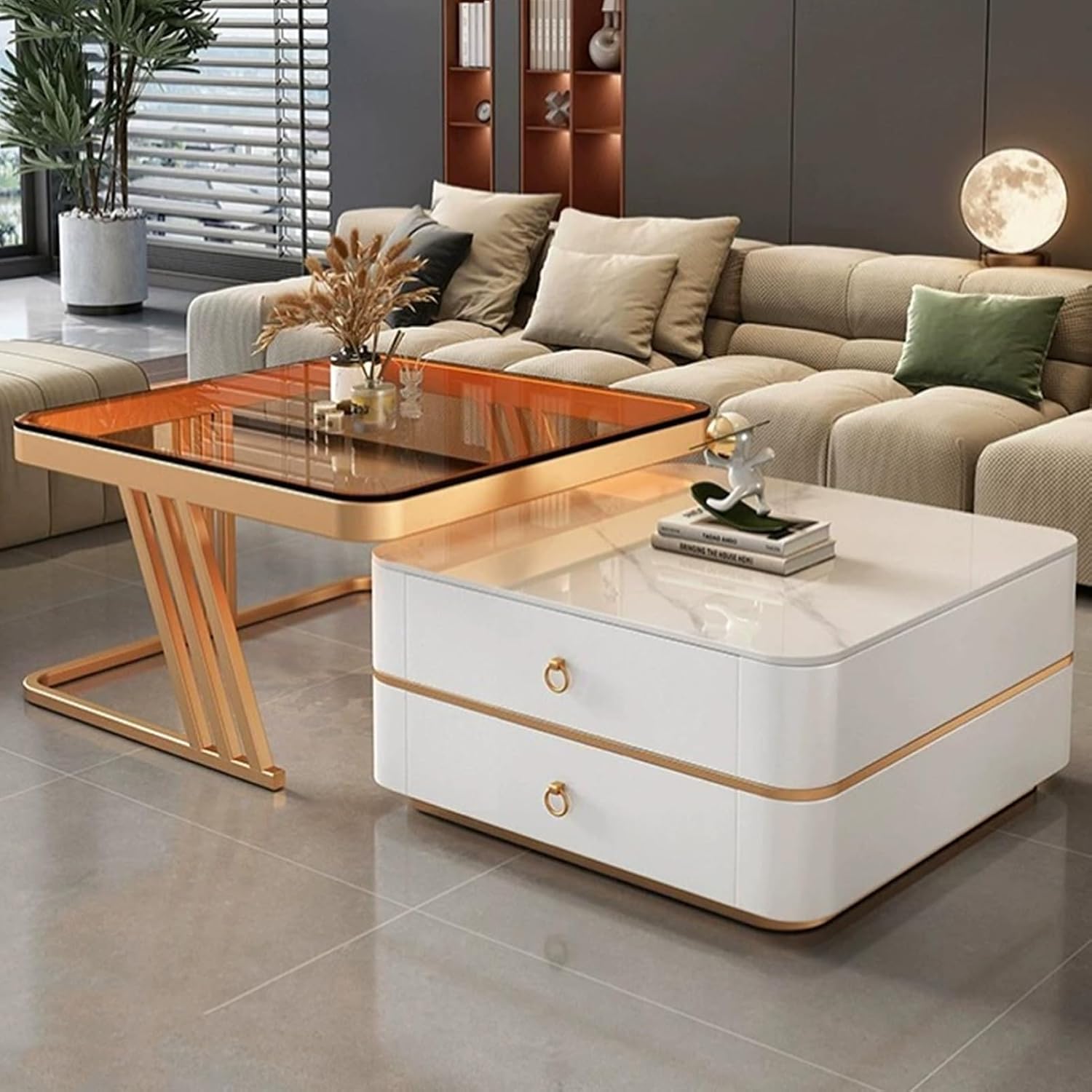 Nesting Table Set of 2, Coffee Tables with Z-Shaped Steel Frame, Stacking Tables with Double-Layer Large-Capacity Storage Drawer, Flexibly Retractable, for Small Space(White)