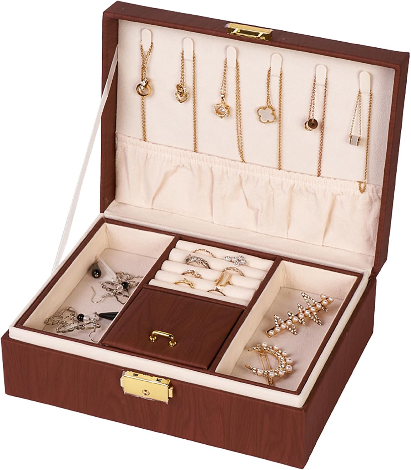 Jewelry Box Organizer for Women Girls Gift, 2 Layer Large Jewelry Storage Case, Vintage Wood PU Leather Display Jewellery Holder with Removable Tray for Necklace (Black walnut wood grain)