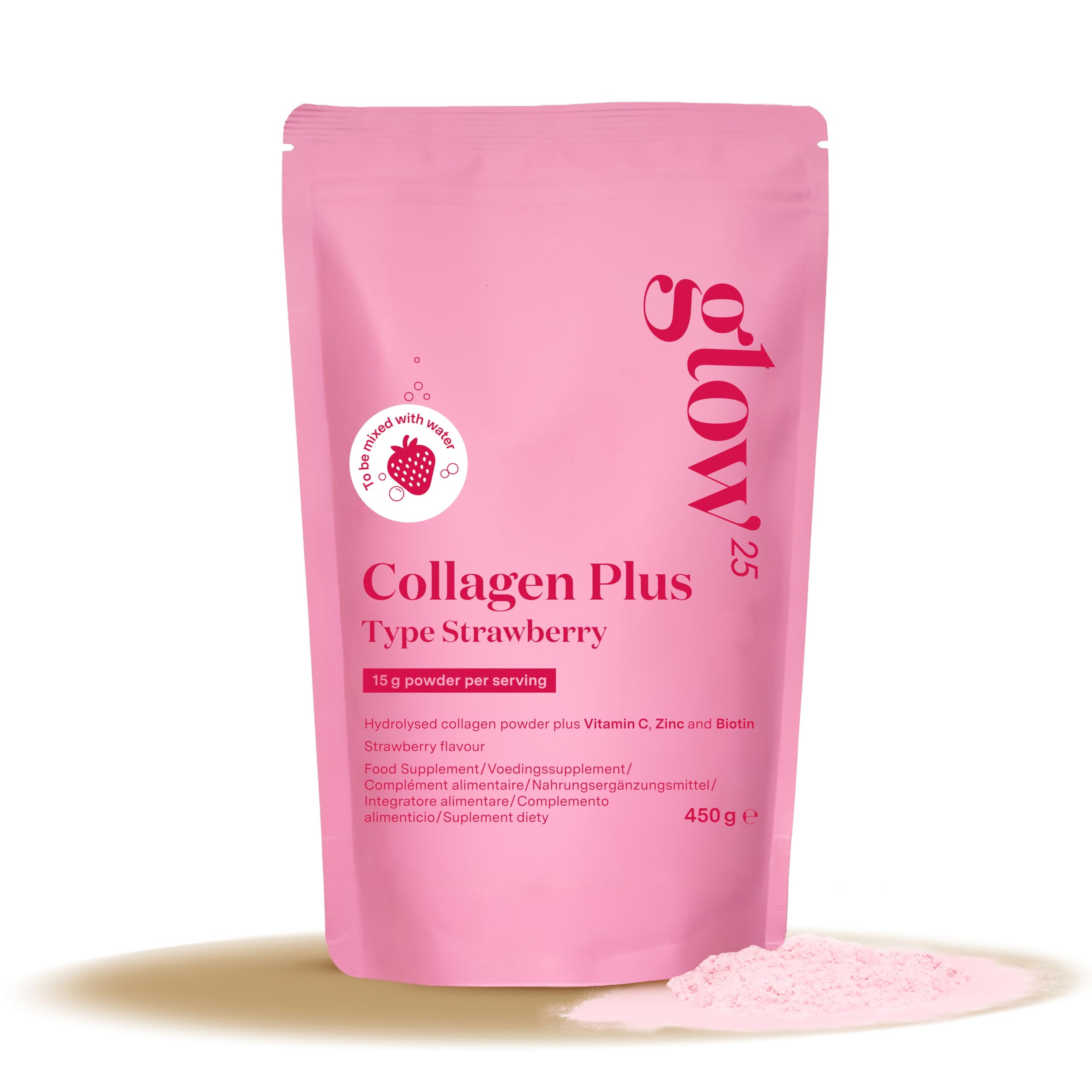 Glow25® Collagen Plus Fraise – vitamine C, zinc, biotine – peptides 1, 3 | Collagen plus fraise avec vitamine C, zinc et biotine – peptides type 1 et 3 – saveur fraise