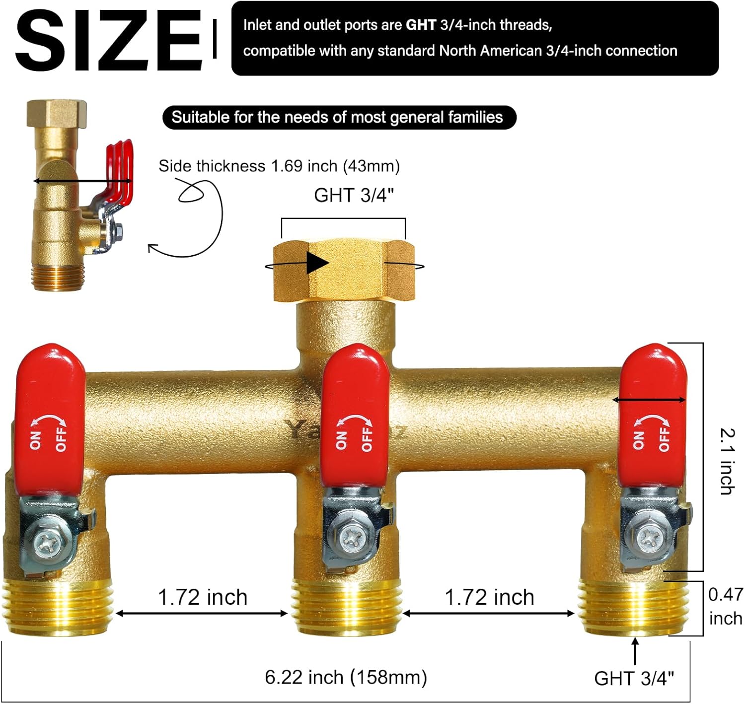 Heavy Duty Brass Garden Hose Splitter 3-Way,3/4" GHT Thread, High Flow Faucet Splitter, Water Hose T Spigot Splitter with Shut-off Valves,Water Adapter & Connector-Long Red Metal Handle