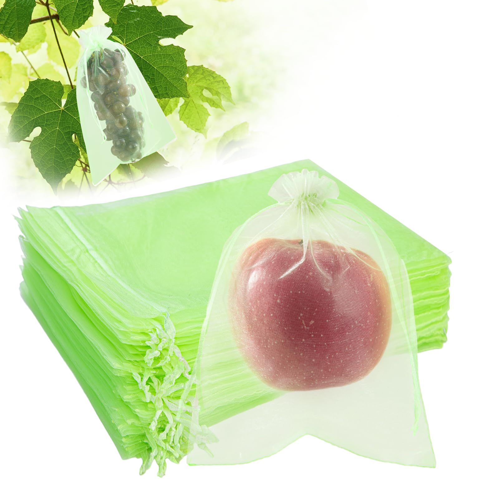 50 Bolsas Protectoras para Uvas con cordón de 15×20 cm, Bolsas de Fruta Reutilizables de Organza en Malla Verde, Red antipájaros para el huerto