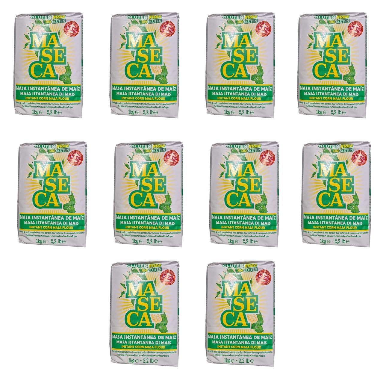 Mexican Corn Flour Maseca Harina de Maíz de México 10 x 1 kg | Sin Gluten | Ideal para Tortillas, Tamales, Tacos y Gorditas | Auténtica Masa Harina Mexicana con Pegatina Kajal Sticker