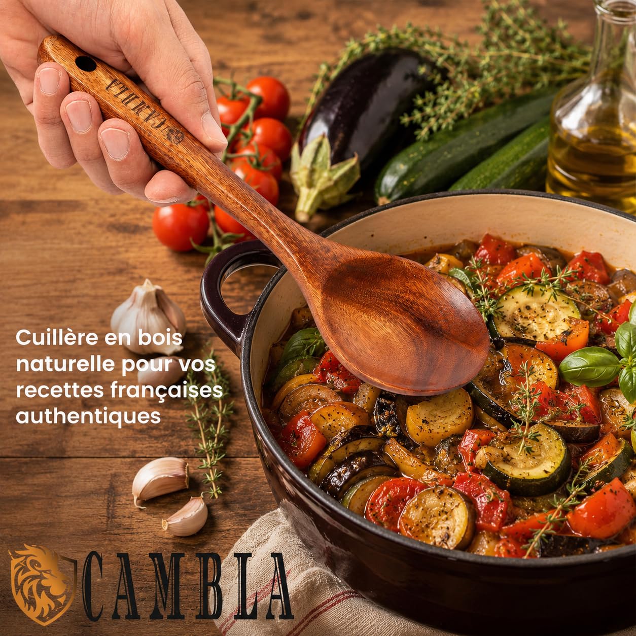 Ustensiles de cuisine en bois - 9 pièces - Bois de teck - Anti-rayures - Set de spatules et cuillères de cuisine - Poignée confortable pour poêles antiadhésives - CAMBLA