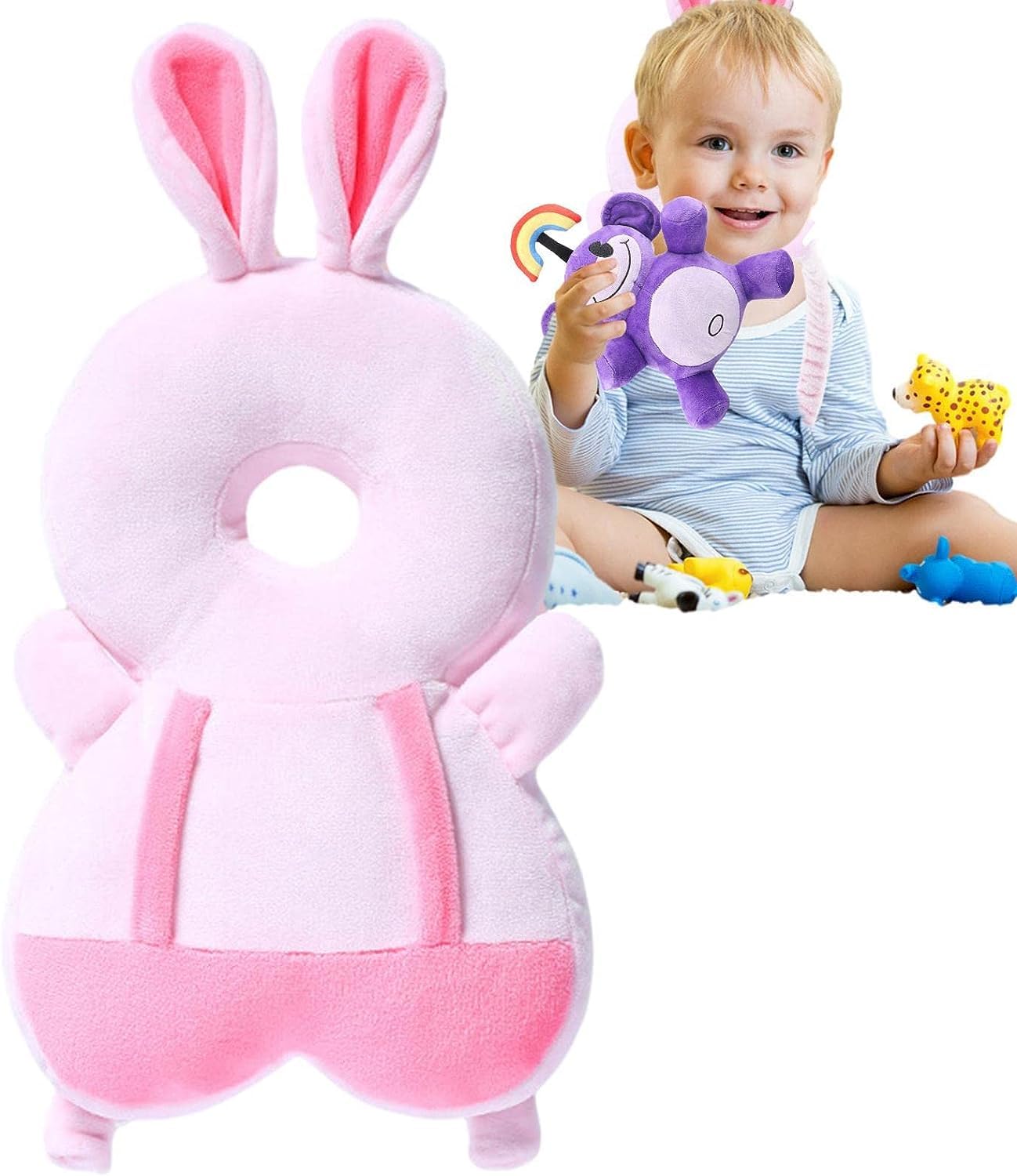 FUNLOV Baby walking Backpack Head Protection Pillow,Toddler Head Back Protection Safety Pads,Adjustable Head Protection Cushion,Head Protection Cushion Wear Backpack for Toddler Kids (rabbit)