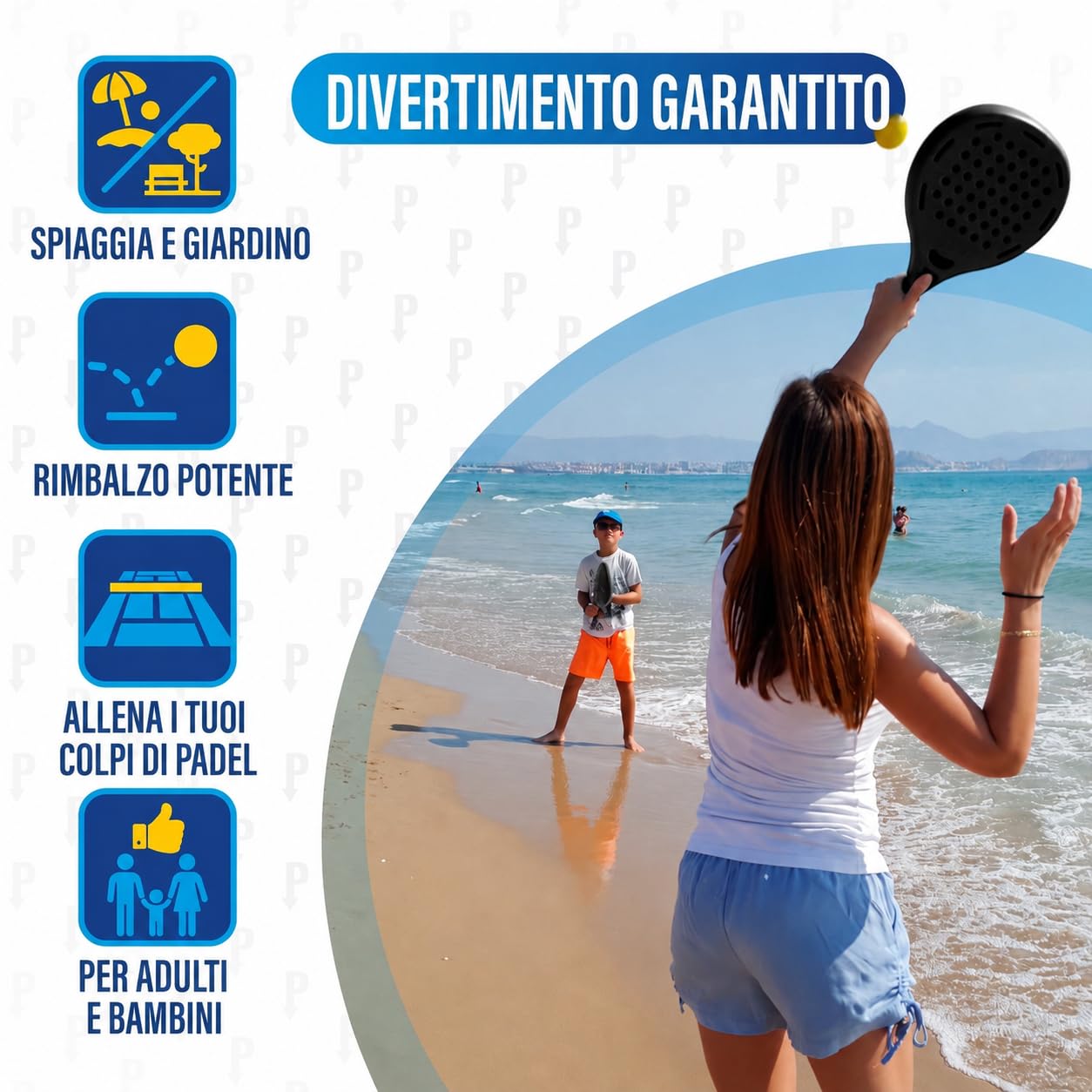 Racchettoni da Spiaggia Set - PINCHO - Beach Tennis, Giochi da Spiaggia, Palline Beach Tennis Eva, Padel Racchetta Water Resistant, Giochi da Giardino - 2 Racchette + 3 Palle, 44 cm, 260 g