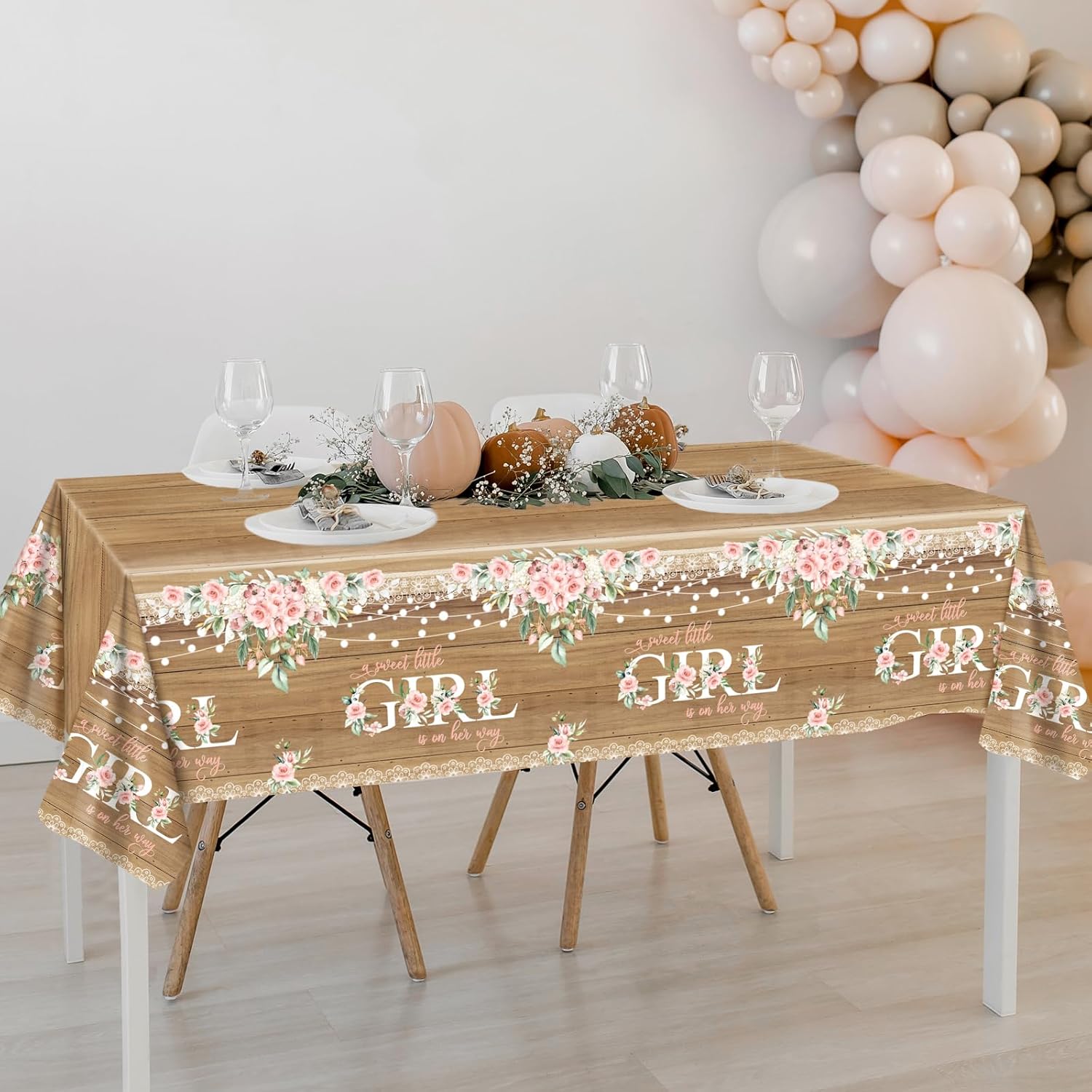 Avezano 3 pcs Girl Baby Shower Tablecloth Rustic Girl Baby Shower Party Decorations Floral Sweet Tablecovers Decor Large Size, 108 x 54 Inches