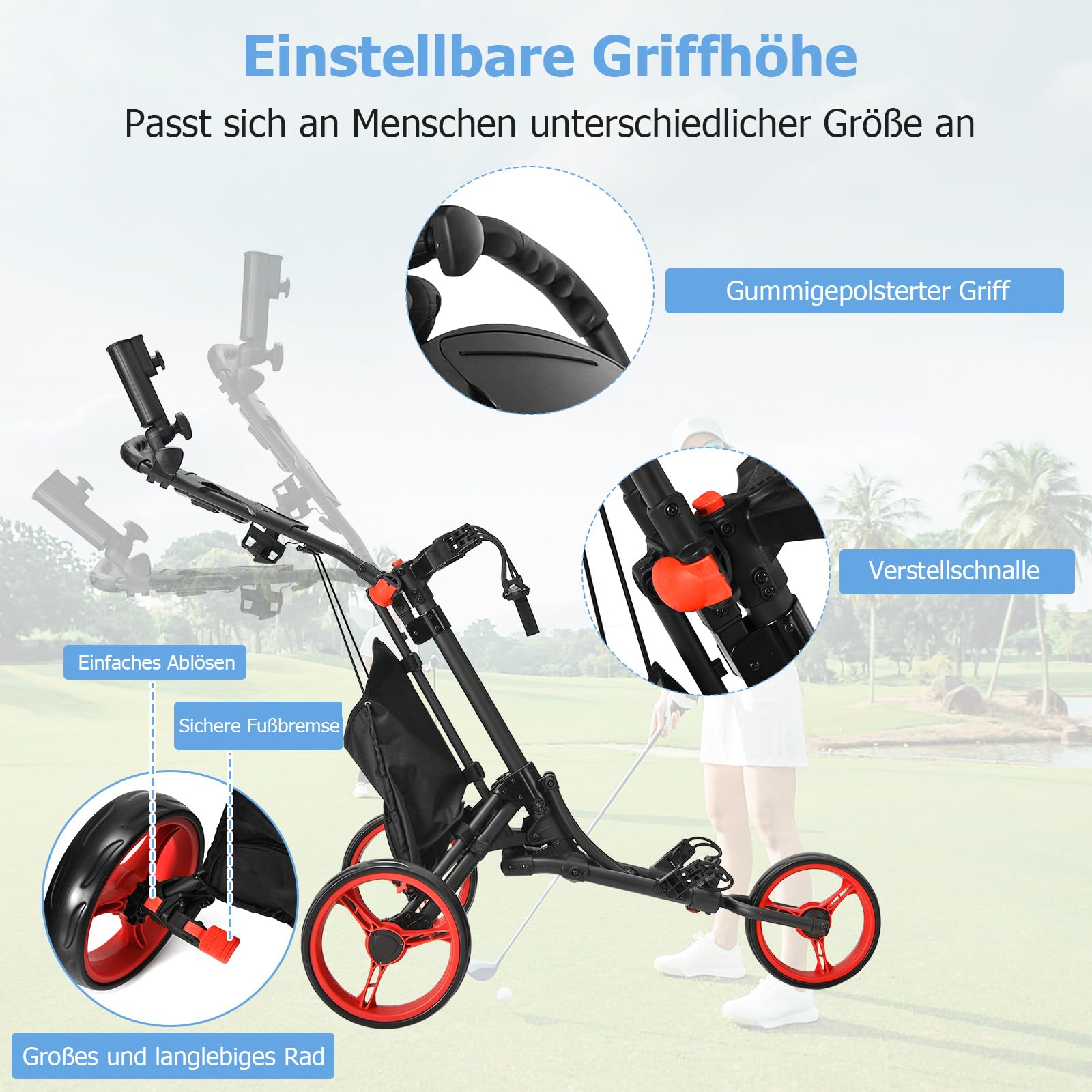 COSTWAY Golf Trolley, 3 Rad Golftrolley, Golfwagen Golf klappbar, Golfcaddy Golf Push Cart aus Aluminum, Golfcaddy mit Schirmhalter, T-Stückhalterung und Aufbewahrungstasche