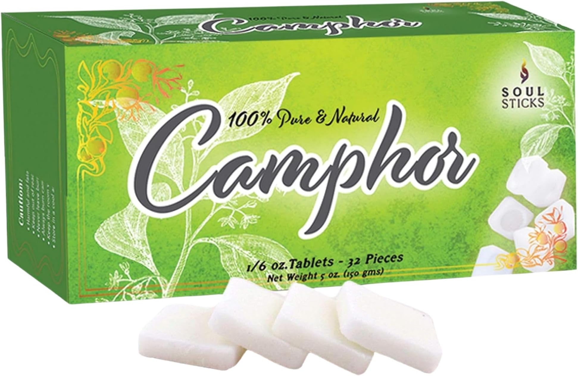 Soul Sticks Camphor Tablets | Premium Quality Refined Camphor Blocks 100% Natural for Aromatherapy, Odor Eliminator, Puja, Alcanfor | 32 Tablets (150 Grams)