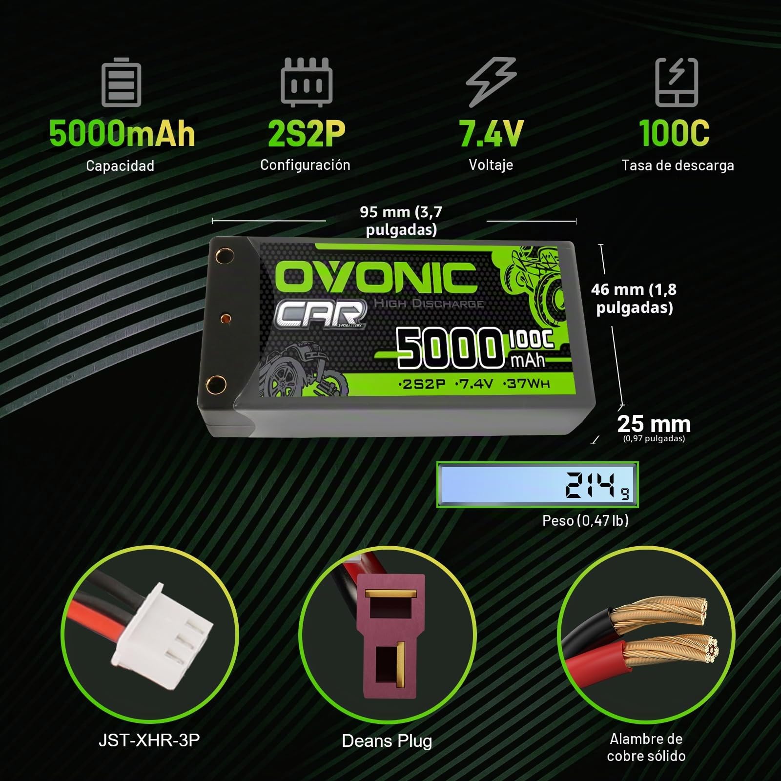 OVONIC 2s Lipo Batería 7,4 V 5000mAh 100C Shorty Lipo Batería Estuche de carcasa dura con conector de bala de 4 mm para vehículos RC a escala 1:10