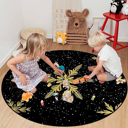 Miniatura 4 de Alfombras redondas de Navidad para sala de estar, dormitorio, entrada, amarillo, invierno, copos de nieve, color negro, alfombra redonda de 5 pies,