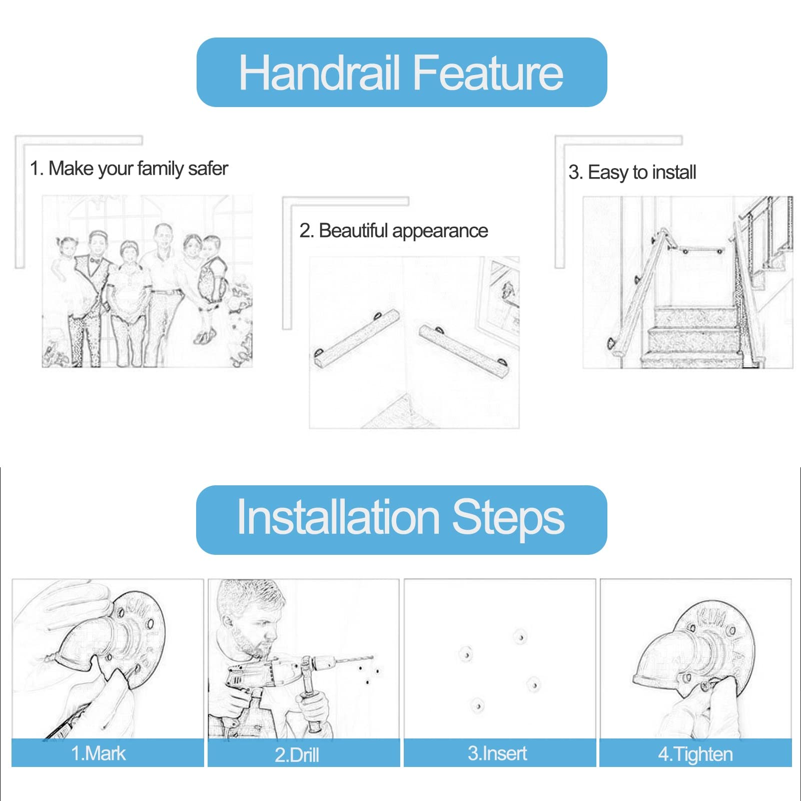 Amazon.co.jp: 鉄製手すり, 安全滑り止め階段手すり 滑り止めの白い