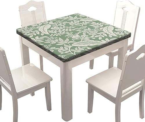 Manteles ajustables cuadrados de primavera, hojas verdes y blancas, borde elástico, mantel de poliéster decorativo para el hogar, tela a prueba de