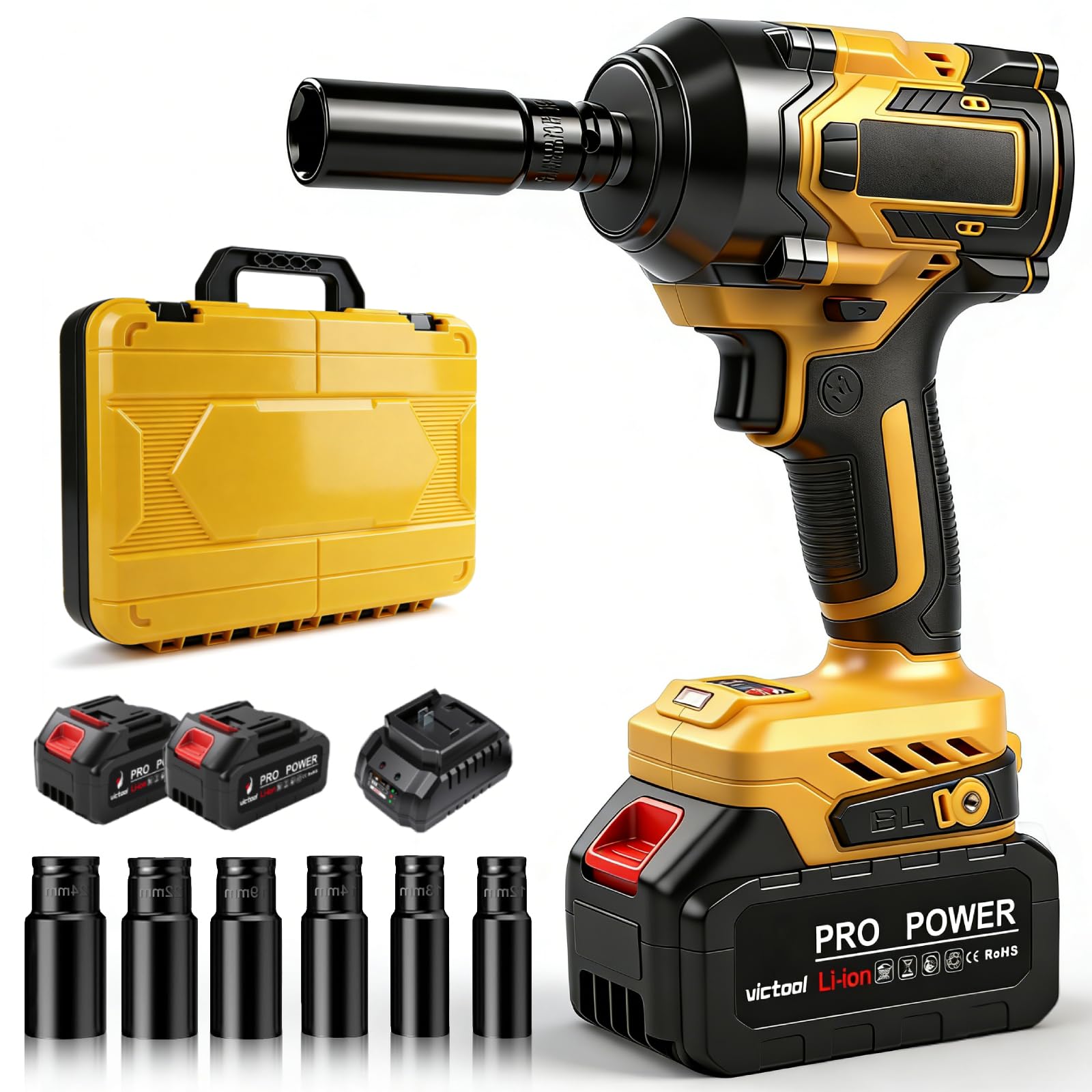 VOBOR Avvitatore a Impulsi Batteria Brushless 21V, 650 Nm con 2 Batterie da 4.0Ah, 6 Bussole 1/2" e Caricatore Rapido, 2800 RPM per Auto Casa