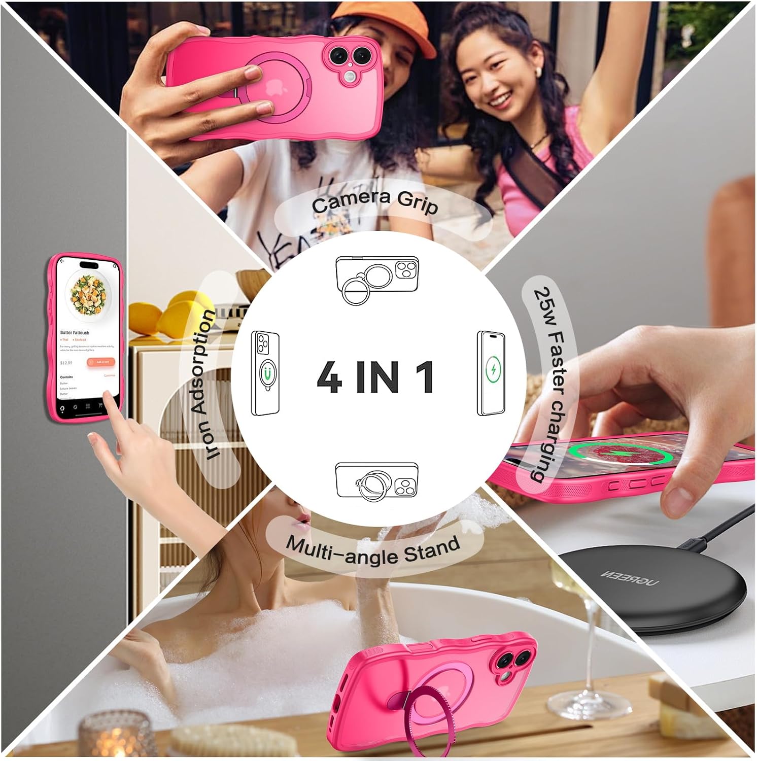 BENTOBEN for iPhone 16 Plus Case with Invisible Magnetic O-Ring Stand, [Compatible with Mag-Safe] Wavy Curly Magnetic Translucent Matte Shockproof Kickstand Cover for iPhone 16 Plus 6.7'' Hot Pink - Image 8