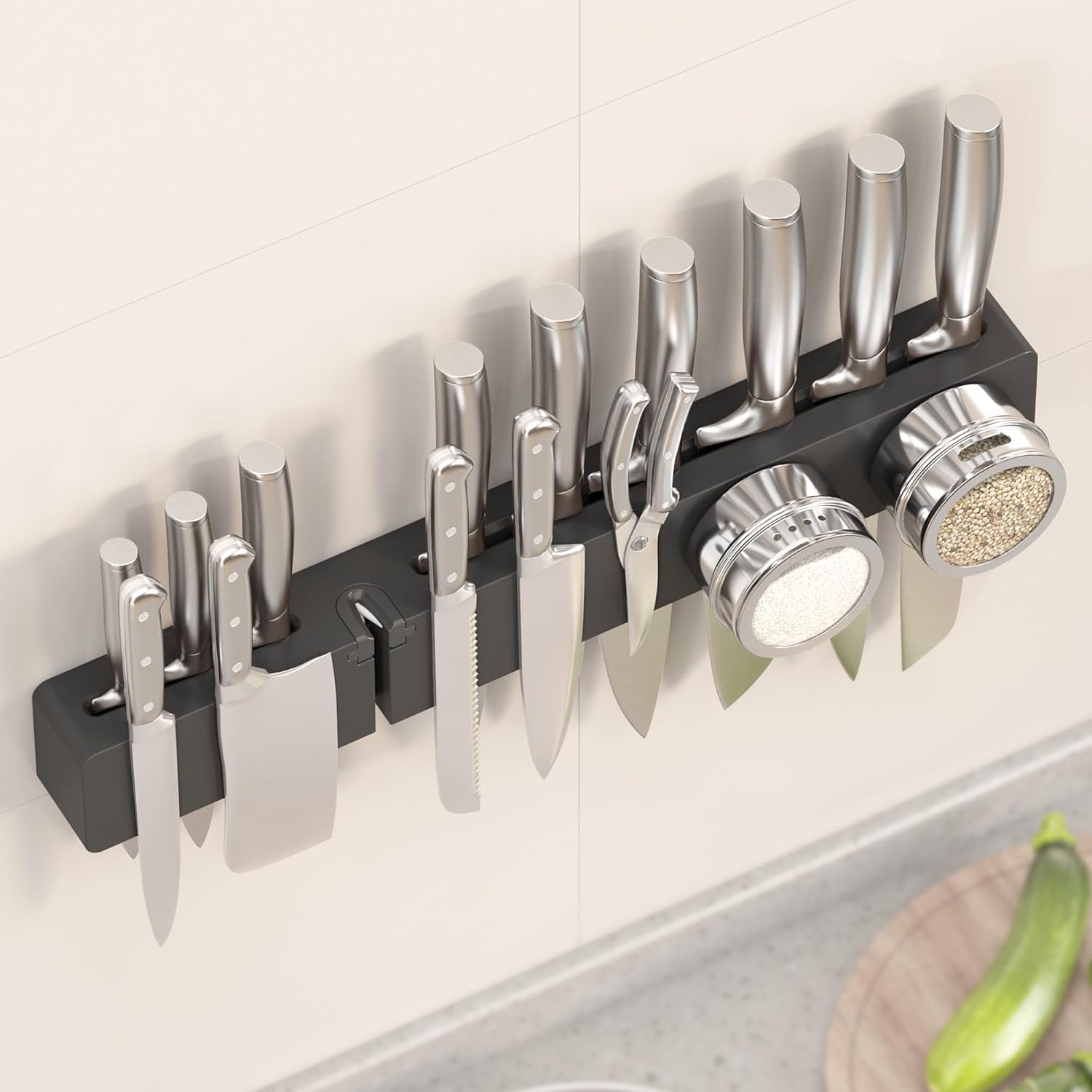 Magnetic Knife Holder for Wall, Acacia Wood Knife Magnetic Strip No Drill Knife Magnet Storage Bar Magnetic Tool Key Holder Strip for Kitchen Utensil Organizer (Black, 16 Inch Large)