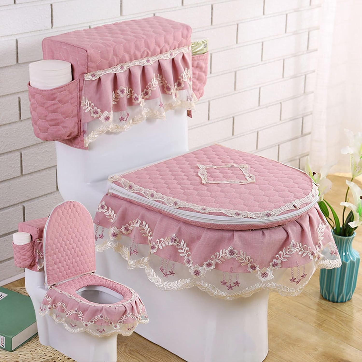 Pink Velvet Lace Toilet Mat Set - 3-Piece Bathroom Accessories with Embroidery Toilet Seat Cover, Tank Cover & Lid Cover - Elegant Home Decor for Stylish Bathrooms