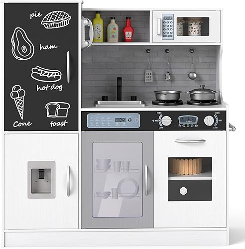 Miniatura 12 de HONEY JOY Juego de Cocina para Niños, Conjunto de Cocina de Juego de Madera del Pequeño Chef con Pizarra y Dispensador de Agua, Estufa Iluminada