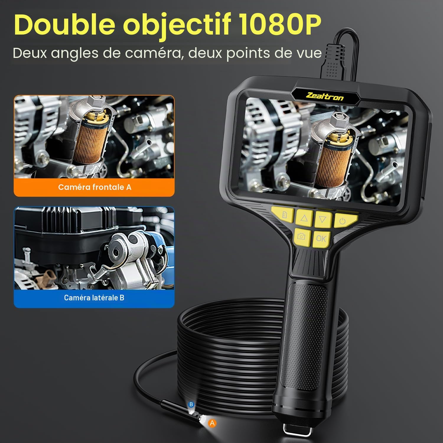Caméra Endoscopique Manuelle à Double Objectif, écran IPS de 5,0" Endoscope, caméra d'inspection Industrielle HD 1080p avec 8 LED, sonde endoscopique étanche IP67 avec câble de 5 m