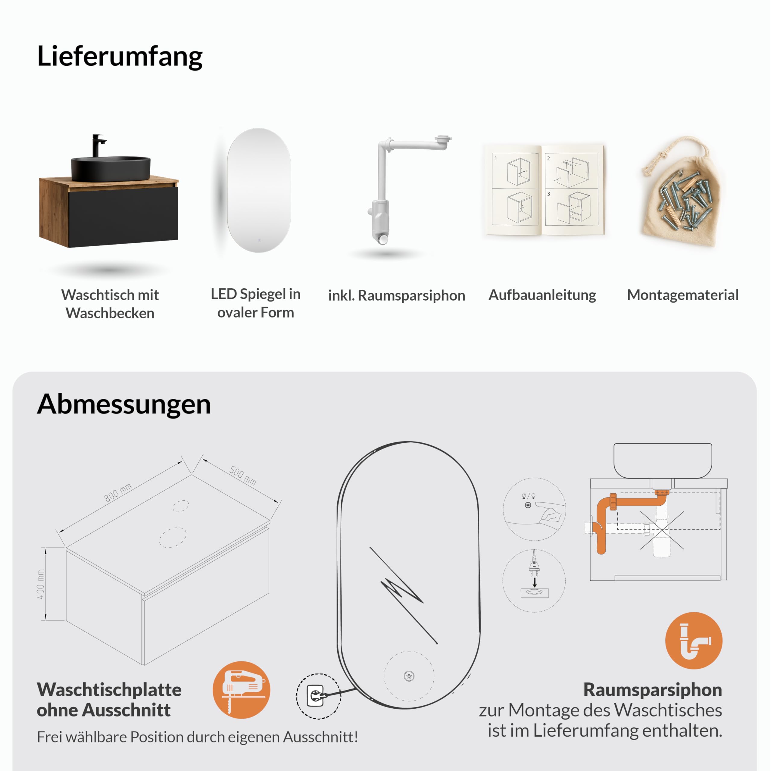 Planetmöbel Arisa Badmöbel Set Waschtisch mit Unterschrank 80 cm Gold Eiche schwarz mit LED Spiegel, Waschbecken 55 cm schwarz, inkl. Raumsparsiphon