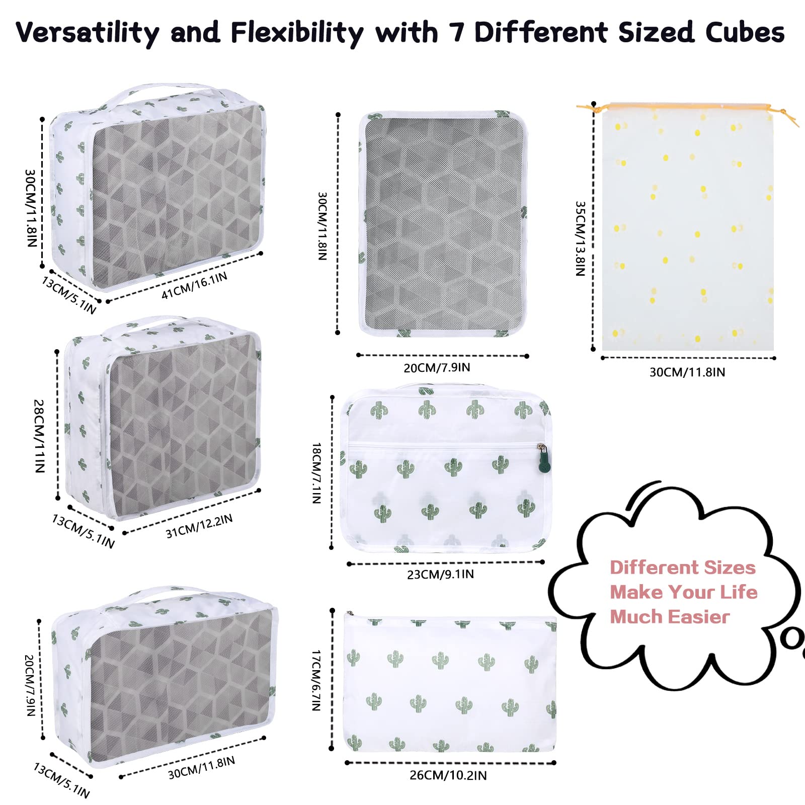 Sciphylia Organizer Valigie Organizer Valigia Set di 10 Borse Organizer da Viaggio Impermeabili Cubi di Imballaggio Viaggio Accessori Utili per Vestiti Cosmetici Scarpe Biancheria Intima Cactus Bianco