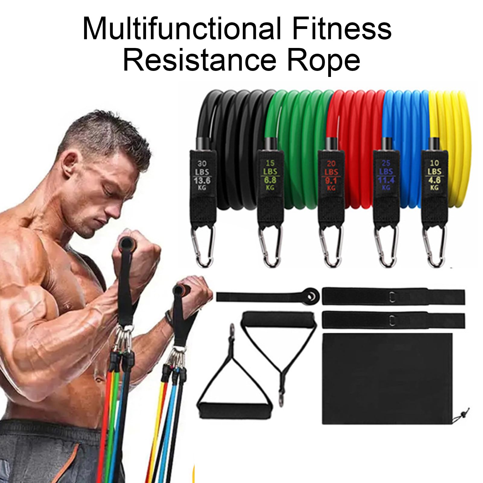 Set di 11 fasce di resistenza elastiche con manici, per allenamento a casa, palestra, fino a 45,4 kg, per fisioterapia e allenamento della forza
