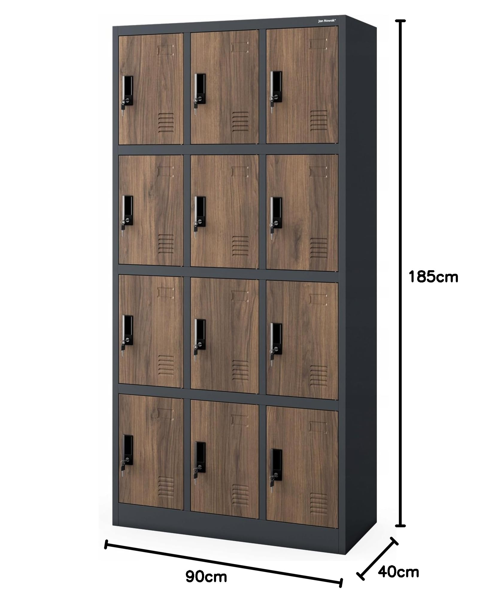Jan Nowak Armario para Vestuario 3B4A Taquilla Metálico con 12 Compartimentos Ranuras de ventilación Recubrimiento de Polvo 185 cm x 90 cm x 40 cm Antracita-Madera