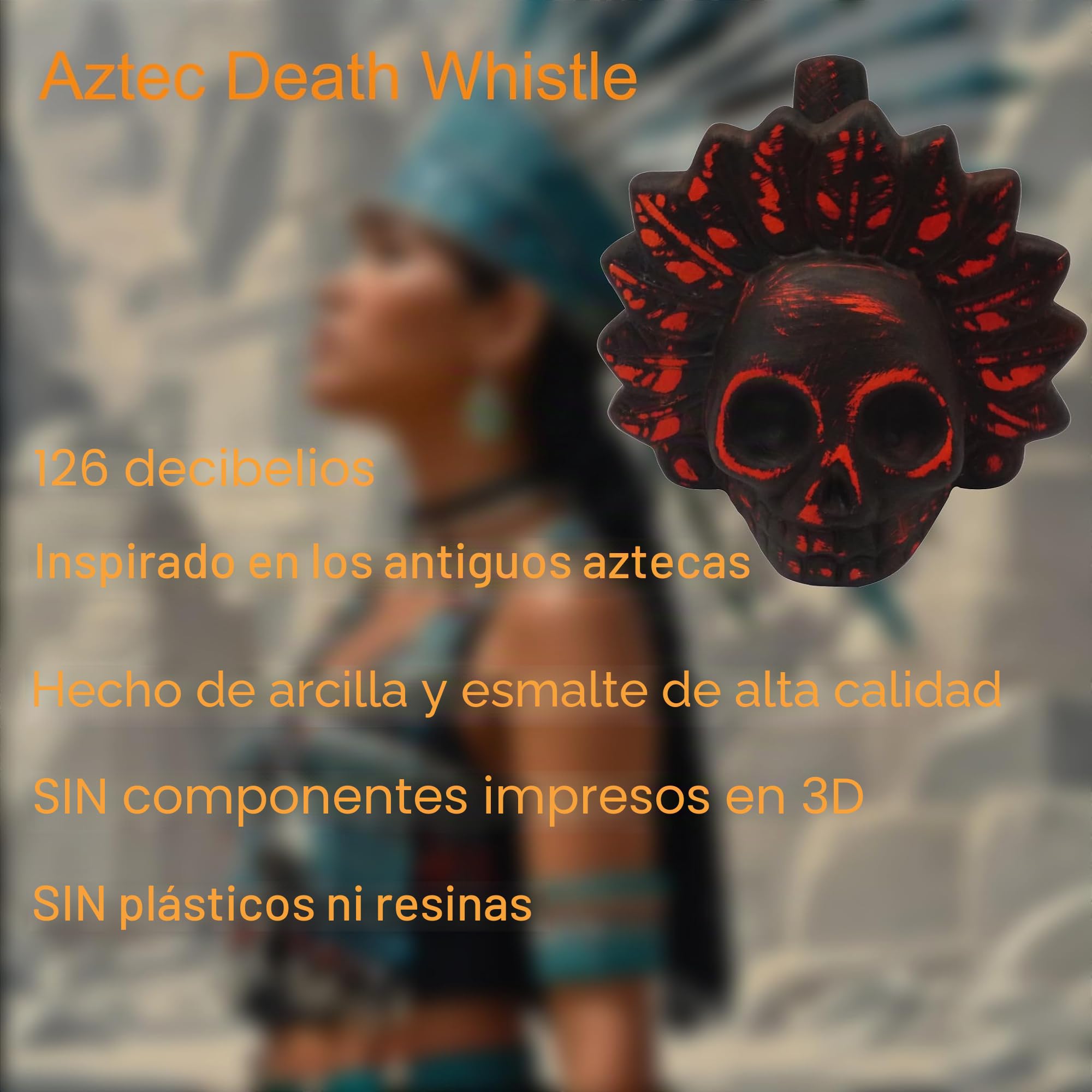 Silbato Azteca de la Muerte, 125 dB+ Sonidos Humanos Gritando, Fiesta Temática de Halloween, Silbato de Calavera Humano Fuerte Gritando Azteca (Negro y Anaranjado)