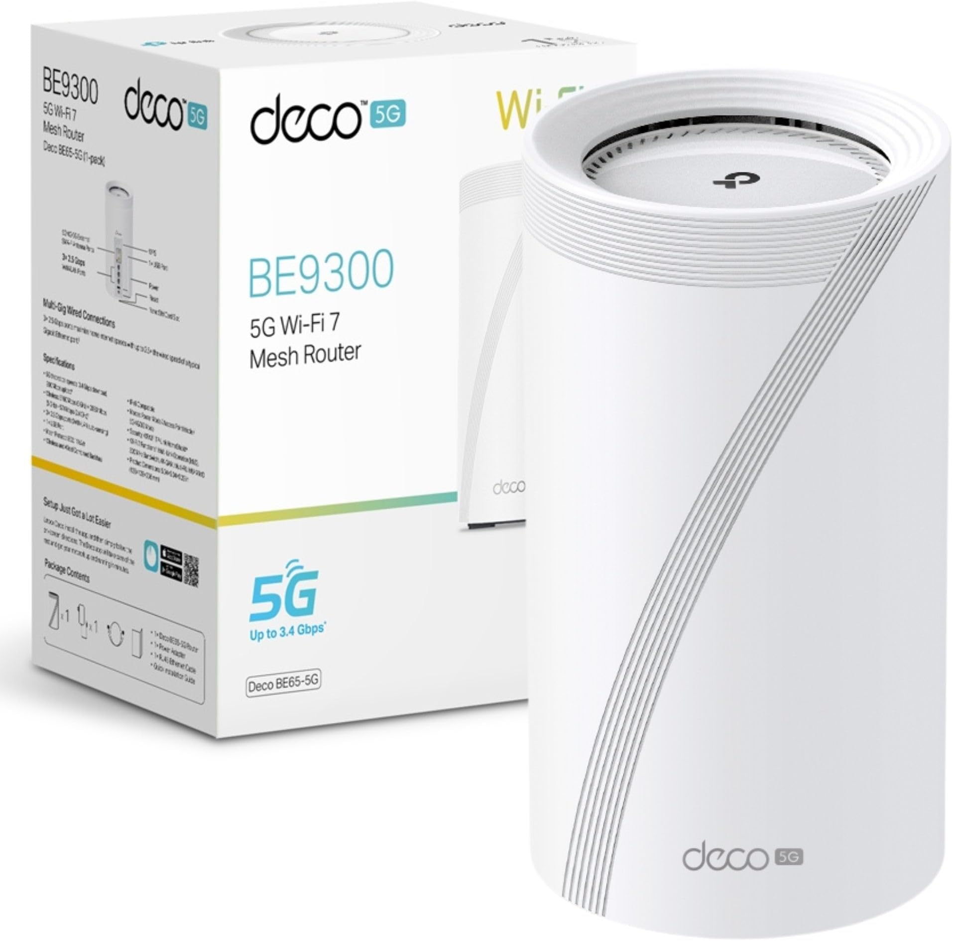 TP-Link Deco BE65 5G(1-pack) Whole Home Mesh Wi-Fi 7 System, BE9300 Tri-Band WiFi Booster, AI-Driven WiFi Router, Connect Over 200 Devices, 2.5G Connectivity Wired &Wireless, Gaming&4K, Easy Setup