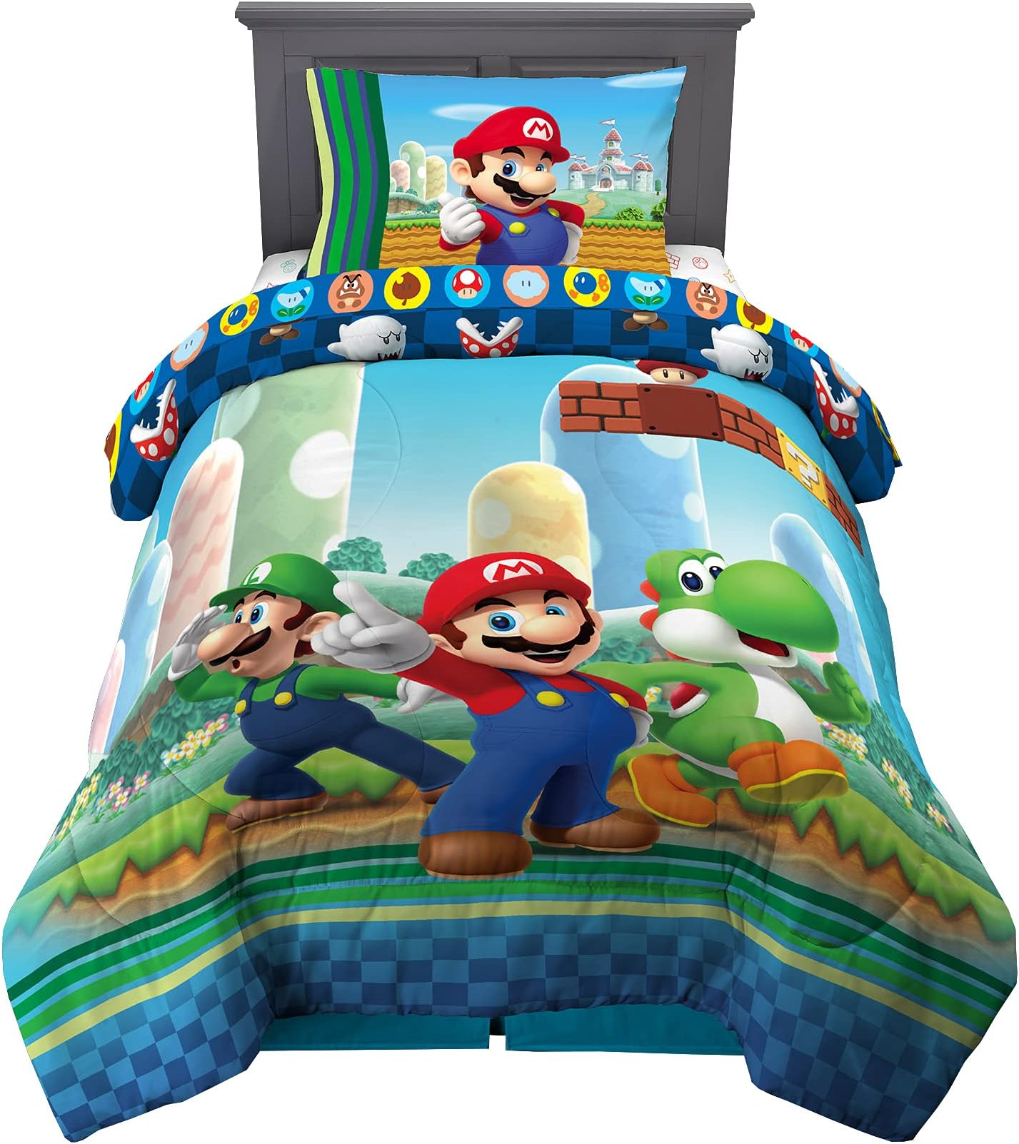 Super Mario Kids Twin Size Bedding, 4 Piece Super Soft Cozy Reversible Comforter and Sheet Set, (Officially Licensed Product) By Franco