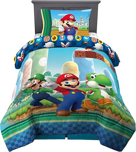 Miniatura 92 de Franco - Juego de ropa de cama coleccionable Nintendo Donkey Kong, 5 piezas, edredón reversible supersuave y juego de sábanas con funda, tamaño Rojo